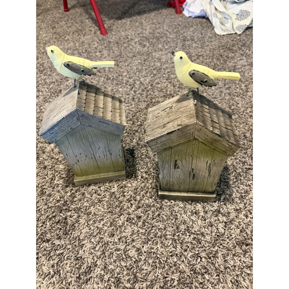 Set of 2 Rustic Sweet Home Birdhouse Figurines Yellow Bird Farmhouse Decor